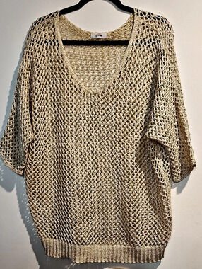 GeeGee Open-Knit V-Neck Sweater in Beige Size 3X Like New